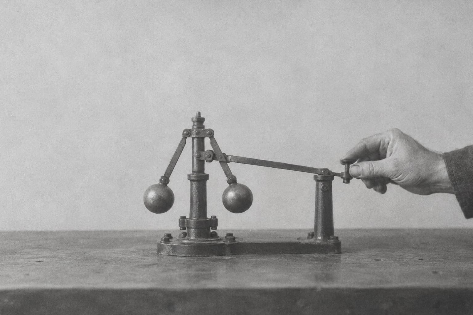 Grainy monochrome illustration of a hand adjusting a mechanical feedback governor.